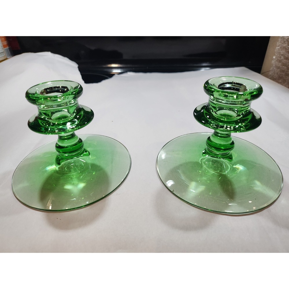 Pair Of Vintage~Fostoria Green~Candle Holders